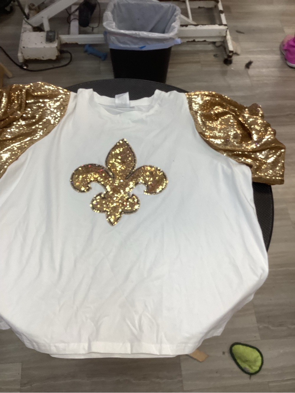 QUEEN OF SPARKLES White Tank Top with Gold Sequin Fleur-de-Lis & Puff Sleeves